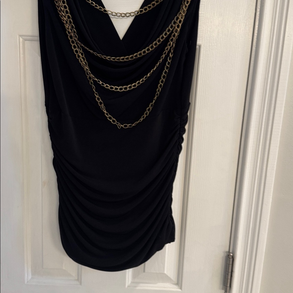 Caché Vintage Black Bodycon Top w/ Deep V-Neck Front & Low Cut Back w/ Chains